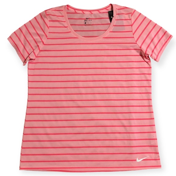 Nike Women's Size L Basic Dri-Fit Pink Striped Polyester Round Neck T-Shirt NWT - Picture 1 of 4